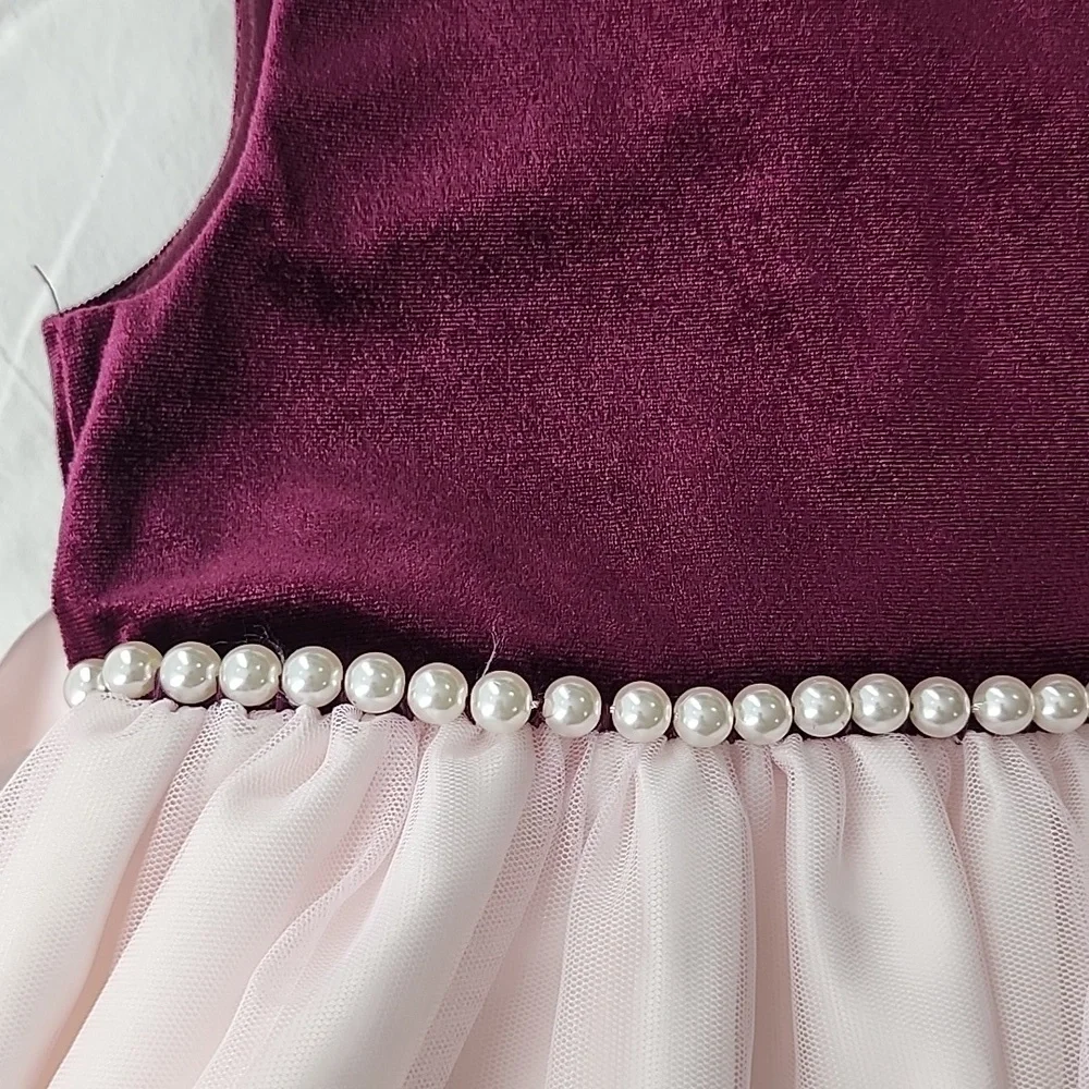 American Princess Pink Tulle Girls Dress Size 6 Burgundy Details‎ Pearl Waist